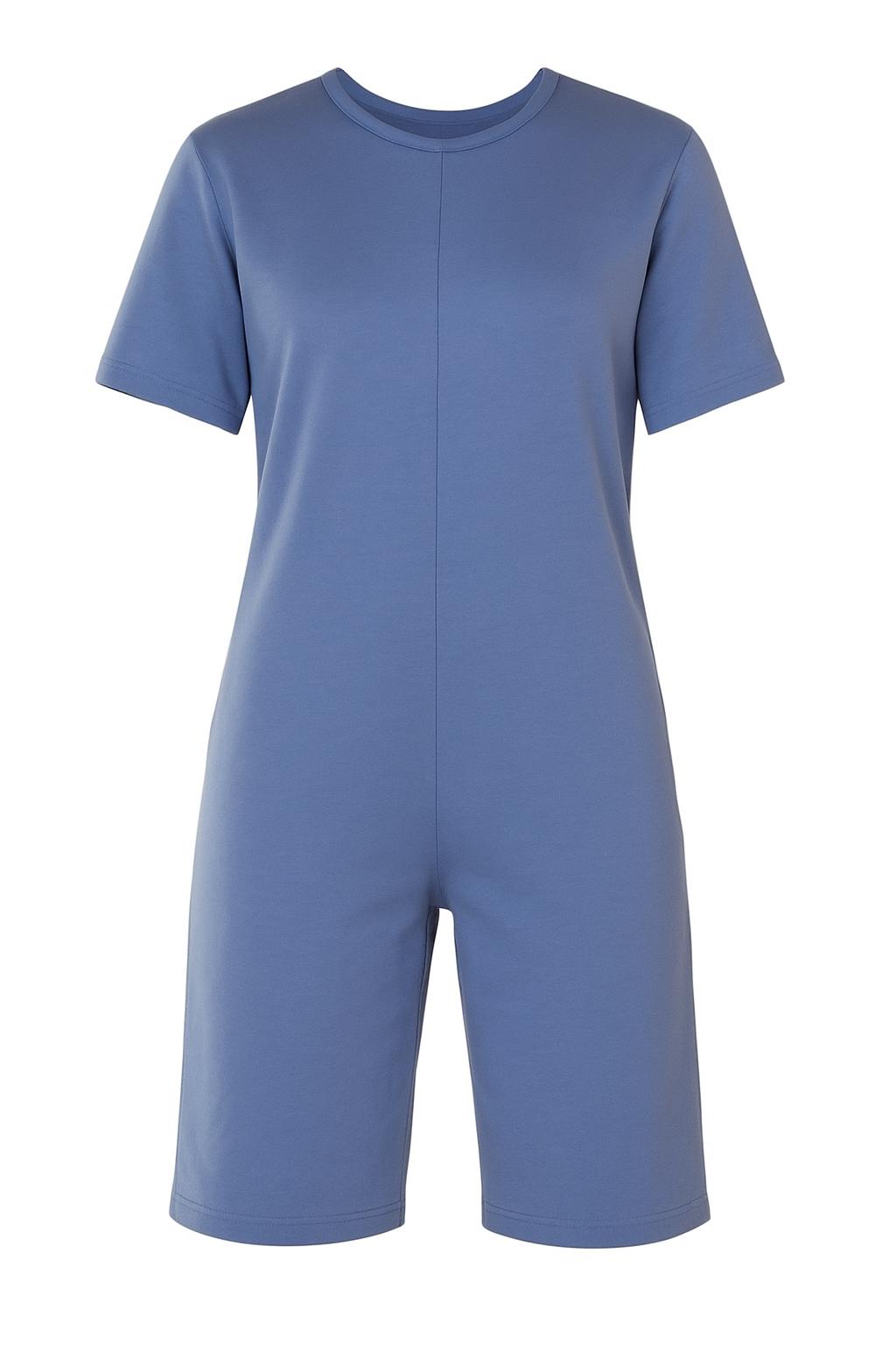 Tuta intera con cerniera posteriore manica Corta e pantalone Corto fantasia Tinta Unita Azzurro | Linea Estiva